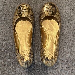 Tory Burch Gold and Tan Flats with Logo Medallion